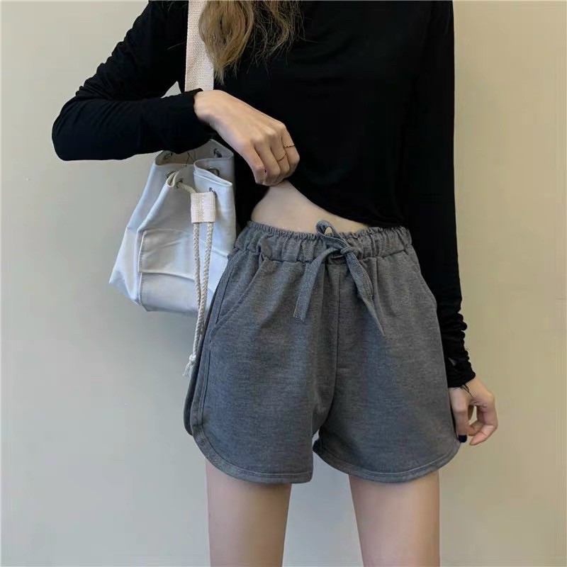 Quần đùi nữ da cá cạp chun ống rộng chất cotton thoáng mát có dây rút basic trơn mặc Thái Lan, quan short/sooc nu