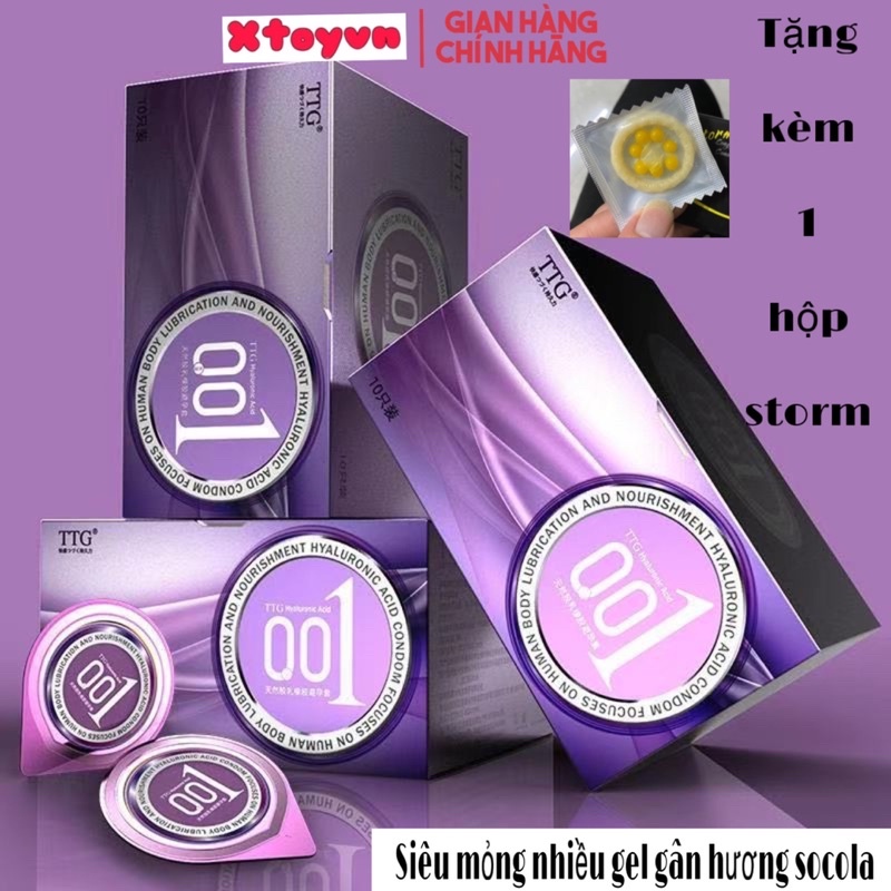 Bao Cao Su TTG 0.01mm Màu Tím Siêu Mỏng- Nhiều Gel - Gốc Nước , Có gân thắt - Hộp 10 bcs tặng 1 storm
