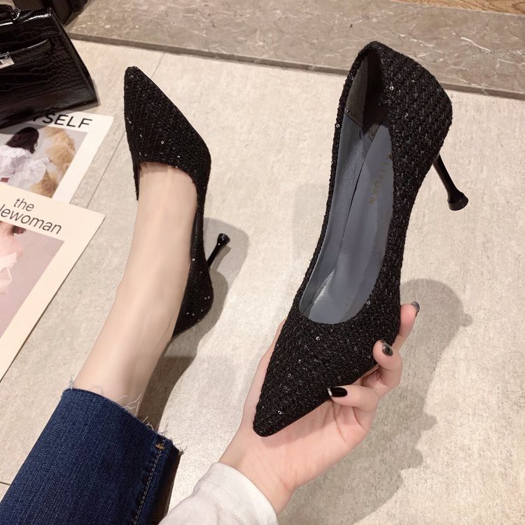 Giày cao gót/Giày công sở/Giày nữ, sexy, mũi nhọn, màu đen, gót nhỏ, dễ kết hợp, phù hợp cho mùa xuân, mẫu mới nhất