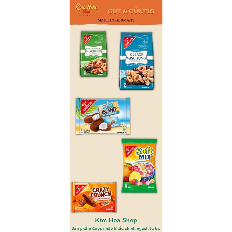 Tổng hợp kẹo Sô-Cô-La và kẹo hoa quả của GUT & GÜNSTIG Coco Island Mini- Kokosschokoriegel 400g - MADE IN GERMANY