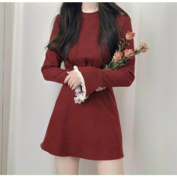 HT Váy nhung đỏ NADO, đầm đỏ tết tay dài dự tiệc nữ đỏ noel xòe phối ren tay và cổ thời trang đẹp freesize