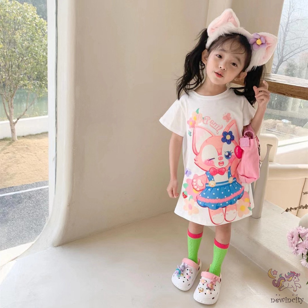 Đầm Cotton Tay Ngắn In Họa Tiết Hoạt Hình Phong Cách Hàn Quốc Thời Trang Mùa Hè Cho Bé Gái