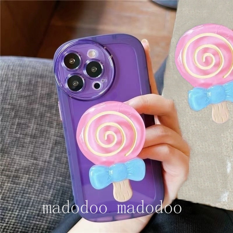 Cartoon Casing For iPhone 14 Pro Max 14Pro 14Plus 14ProMax 13 12 Mini Cute Lollipop Stand ins Candy Color Clear Oval Airbag Shockproof Anti-fall Soft Phone Case Cover NKS 17