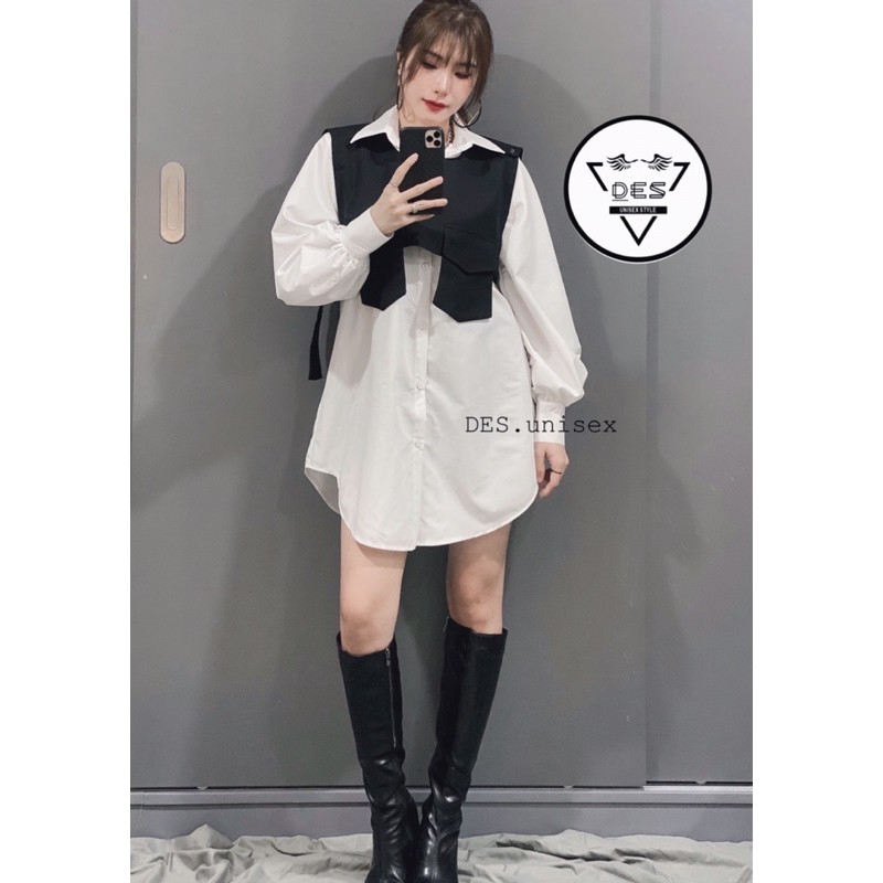 Set đầm sơmi phối ghile 2 nắp túi