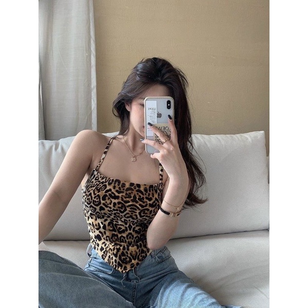 Áo croptop hai dây yếm hở lưng  đan dây họa tiết da beo hai lớp có mút ngực áo đi biển đi chơi