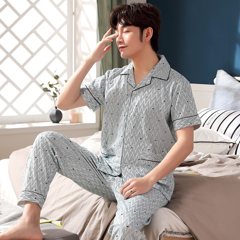 Bộ nam cộc tay Pijama chất vải cotton 100% thoáng mát, họa tiết nam tính, khỏe khoắn, hàng chuẩn Quảng Châu