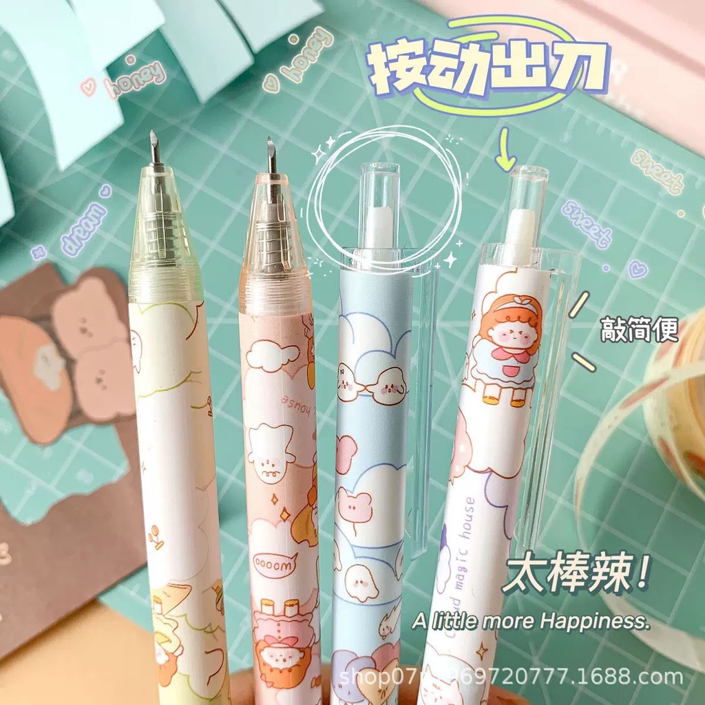 Dao cắt washi, sticker, unboxing, rọc giấy dạng bút bấm dễ thương