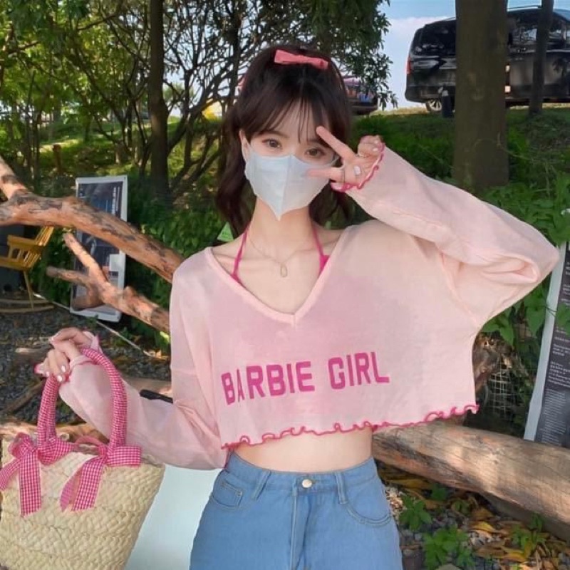 Áo croptop kiểu tay dài cánh dơi thun trơn mỏng kèm dây yếm barbie - Order taobao quảng châu