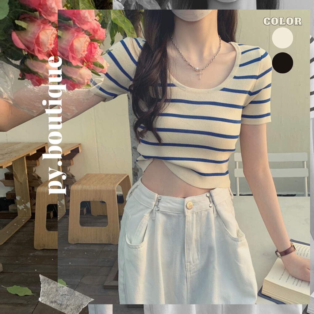 Áo Croptop Nữ (Áo Kiểu) Ngắn Tay Phối Sọc Ngang Nhẹ Nhàng Nữ Tính Dáng Ôm Body Freesize Dễ Mix Đồ-AK010