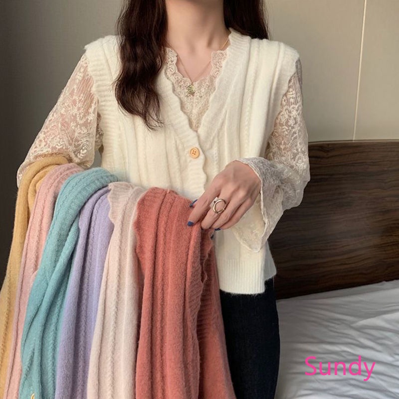 Áo Dệt Kim Sát Nách Cổ Chữ V Phối Ren Thời Trang Mùa Thu Hàn Quốc Cho Bé Gái | BigBuy360 - bigbuy360.vn