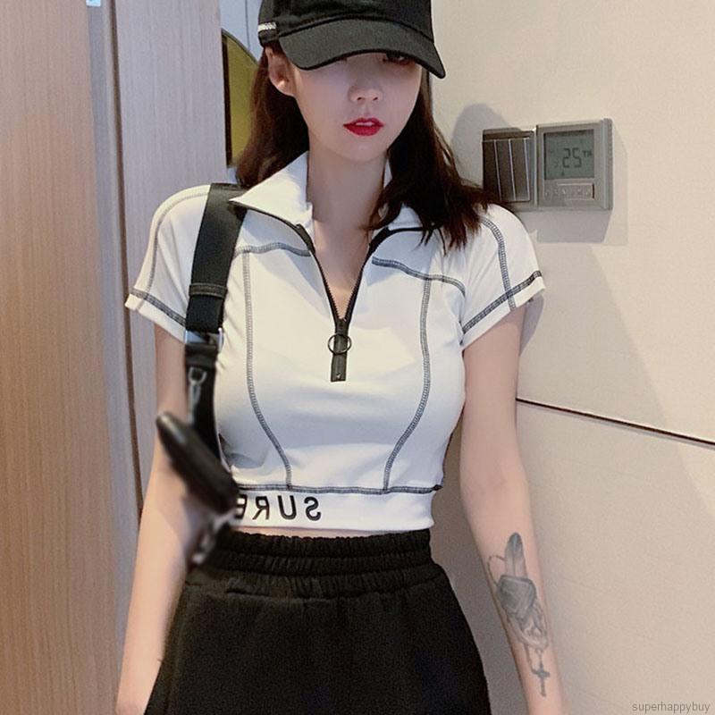 Áo Thun Ngắn Tay Phối Khóa Kéo Phong Cách Hong Kong