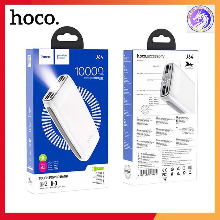 Pin Dự Phòng Hoco J64 10000 MAH 2 Cổng USB 2.0A Có Đèn Led Chiếu Sáng Tương Thích Nhiều Thiết Bị