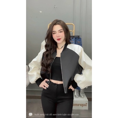 Áo khoác bomber pha tay thêu ngực