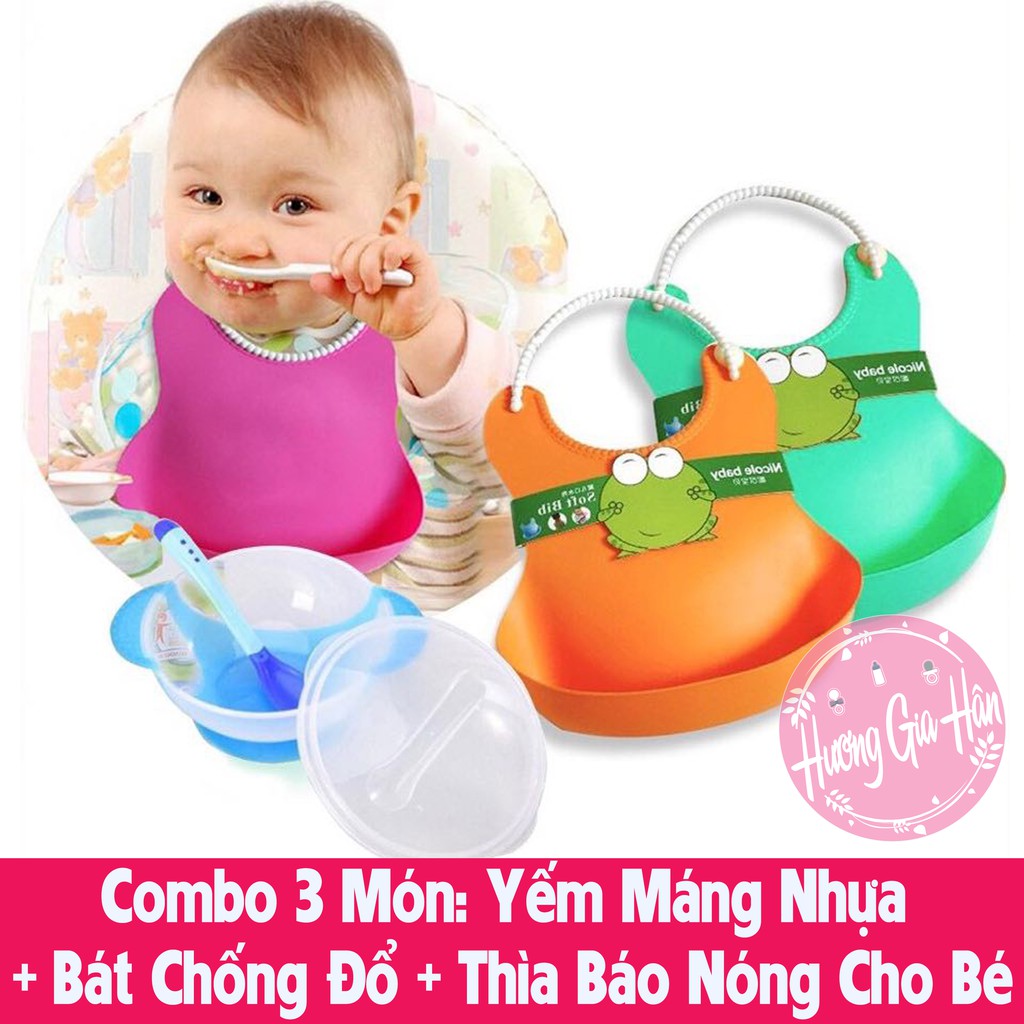 Combo 3 Món: Yếm Máng Nhựa + Bát Chống Đổ + Thìa Báo Nóng Cho Bé - goodbaby, luvamo, hanhdecal, shop mẹ xôi