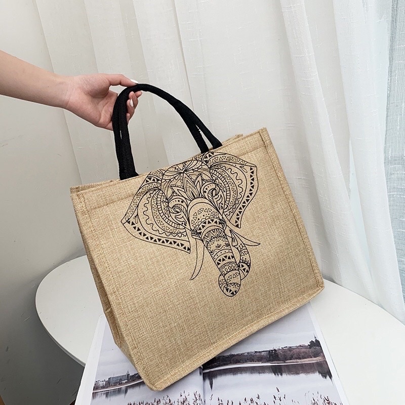 Túi cói vintage đi biển xách tay nữ size lớn vải bố lanh cao cấp Hàn Quốc