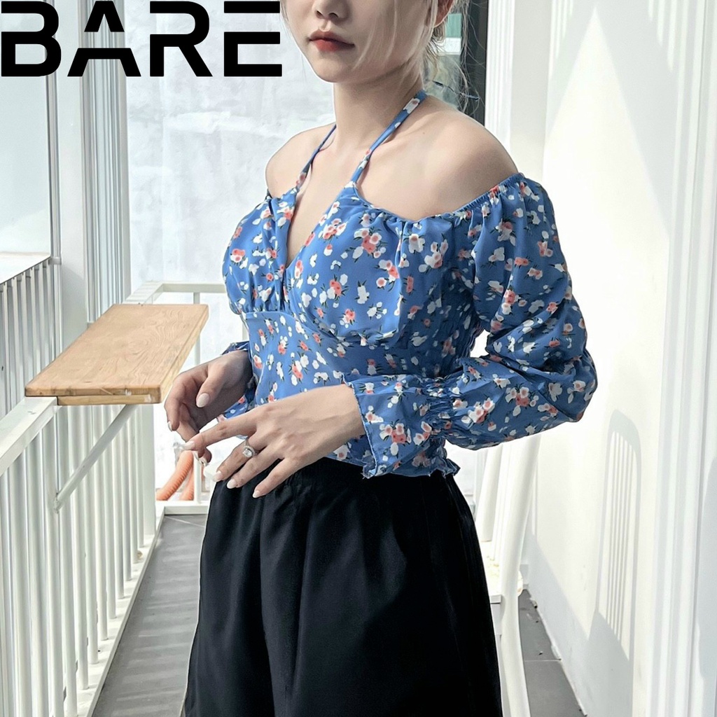 Áo kiểu trễ vai nữ tay dài họa tiết hoa nhí croptop kiểu đẹp thiết kế dây yếm tay loe cho nàng điệu đà - AO0140
