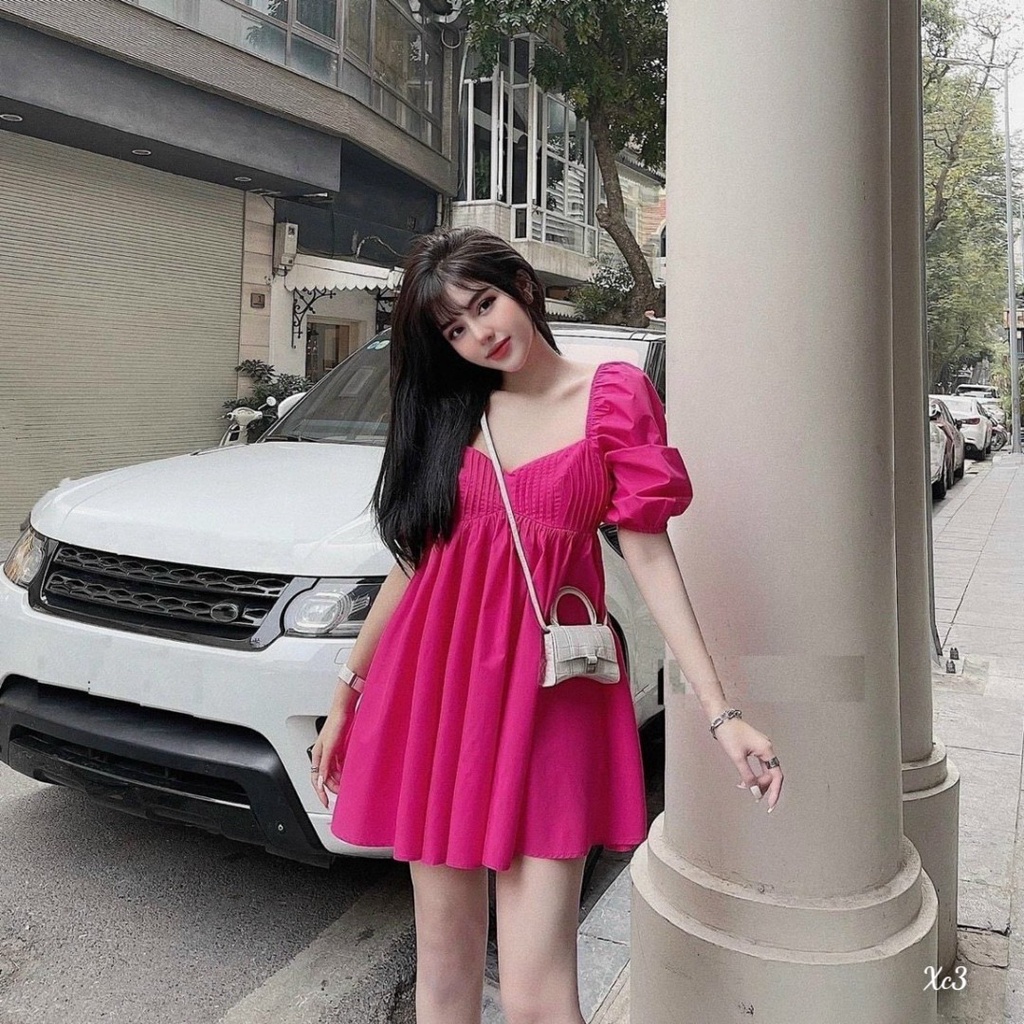 [Đầm sale] Đầm tiểu thu dáng xòe đi dự tiệc cưới siêu cute với thiết kế cổ khoét sâu có mút phối tay phồng, tà váy xòe