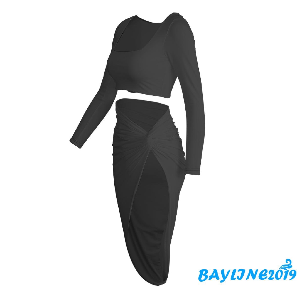 Set trang phục 2 mảnh gồm áo lửng cổ vuông tay dài và chân váy dài xẻ tà tới đùi màu trơn dành cho nữ | BigBuy360 - bigbuy360.vn