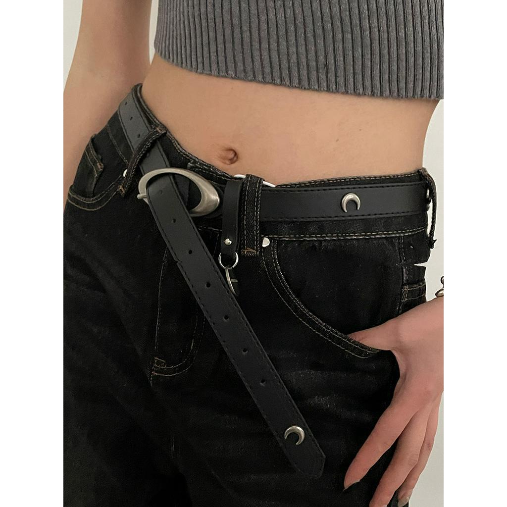 Thắt Lưng Mỏng Màu Đen Mặt Trăng Kim Loại Kiểu Vintage Thời Trang Mùa Hè Cho Nữ