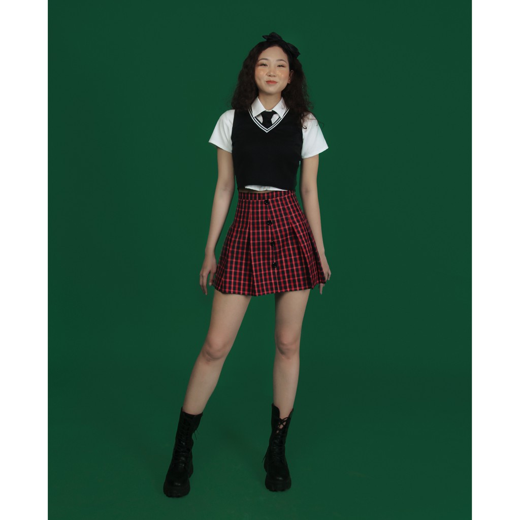 Chân váy xếp ly tennis sọc caro đỏ đen Dalla | BigBuy360 - bigbuy360.vn