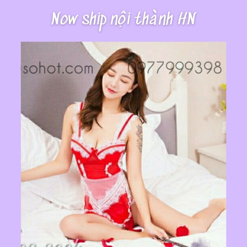( clip tự quay + ảnh thật tự chụp ) cosplay hầu gái cúp ngực ren đỏ sexy