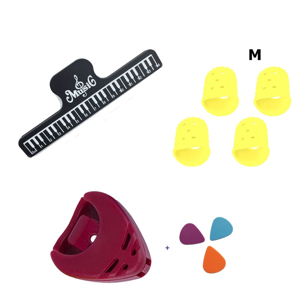 Bộ 4 phụ kiện guitar CBKBN ( Kẹp bản nhạc, Bọc ngón tay silicon, Hộp đựng pick (pick holder) và 3 pick gảy )