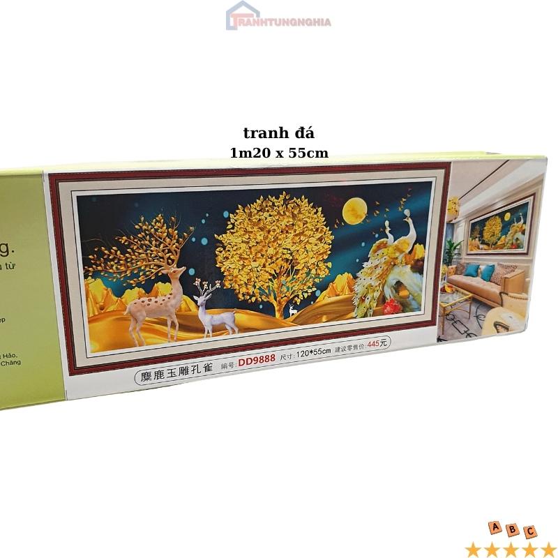 Tranh đính đá, tranh thêu chữ thập phong cảnh hiện đại hươu nai tài lộc