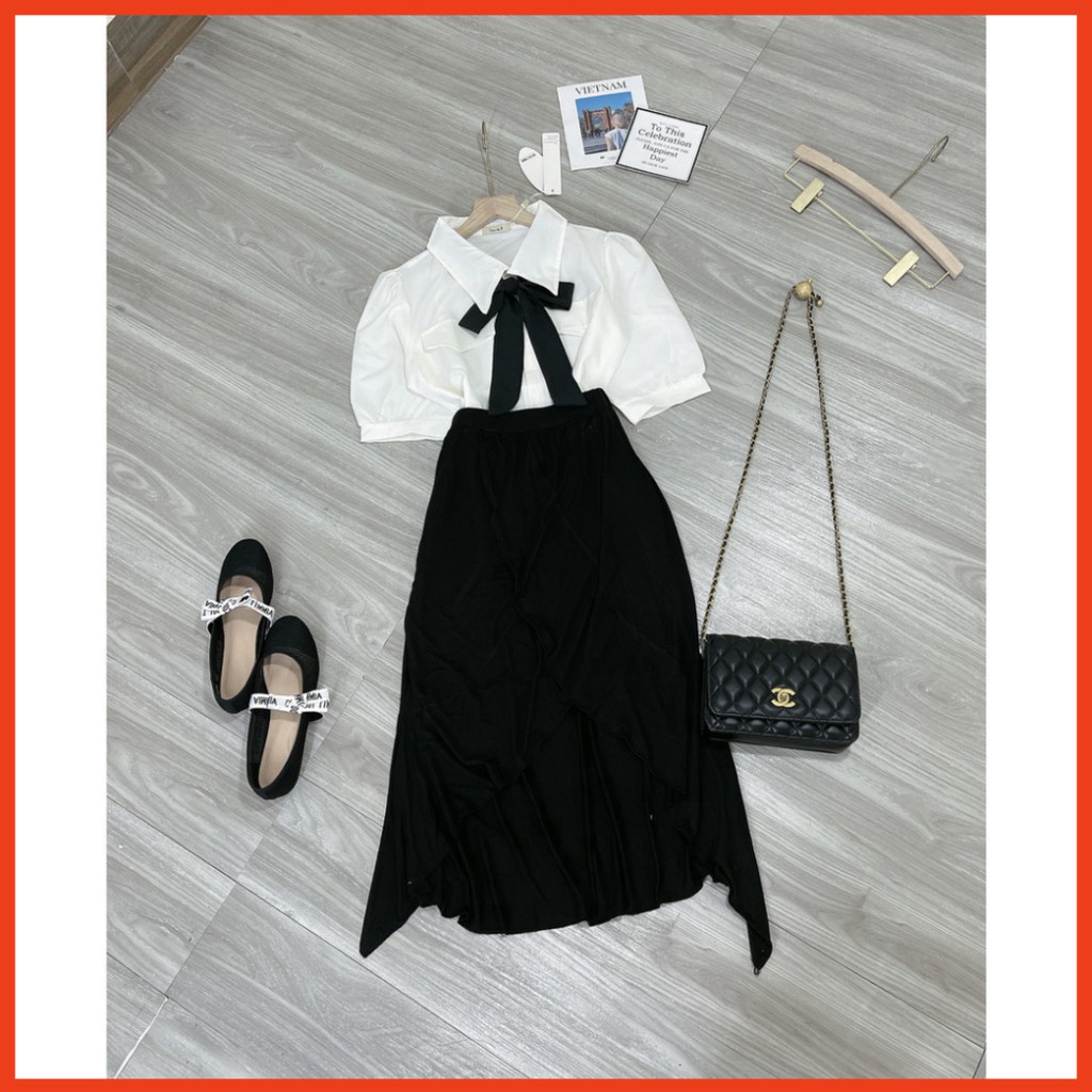 Set Đồ Nữ SET ÁO SƠ MI TRẮNG CỔ NƠ ĐEN MIX CHÂN VÁY TẦNG (Ảnh Thật +Video) siêu sinh