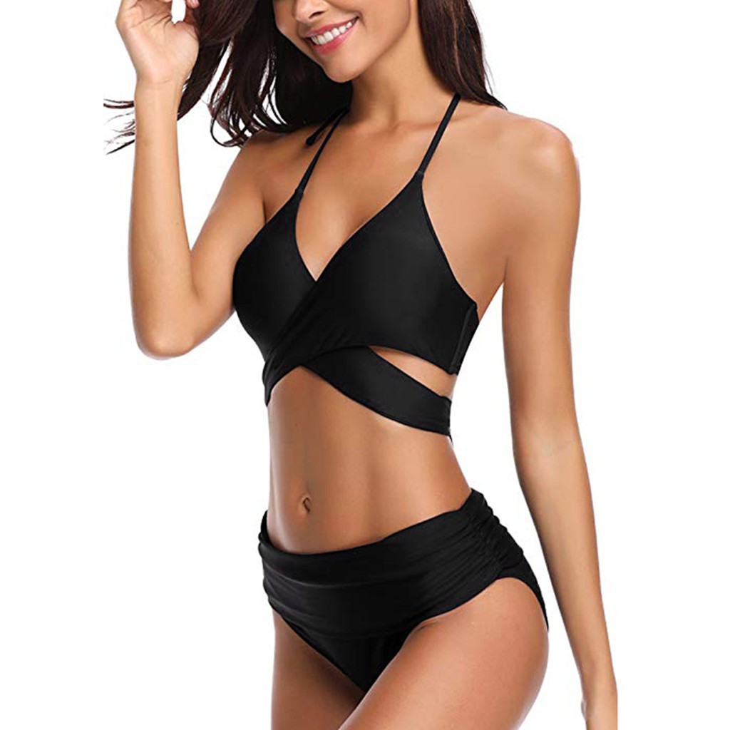 Women Sexy Swimsuit Two Piece Retro Halter Ruched High Waist Solid Bikini Set | BigBuy360 - bigbuy360.vn