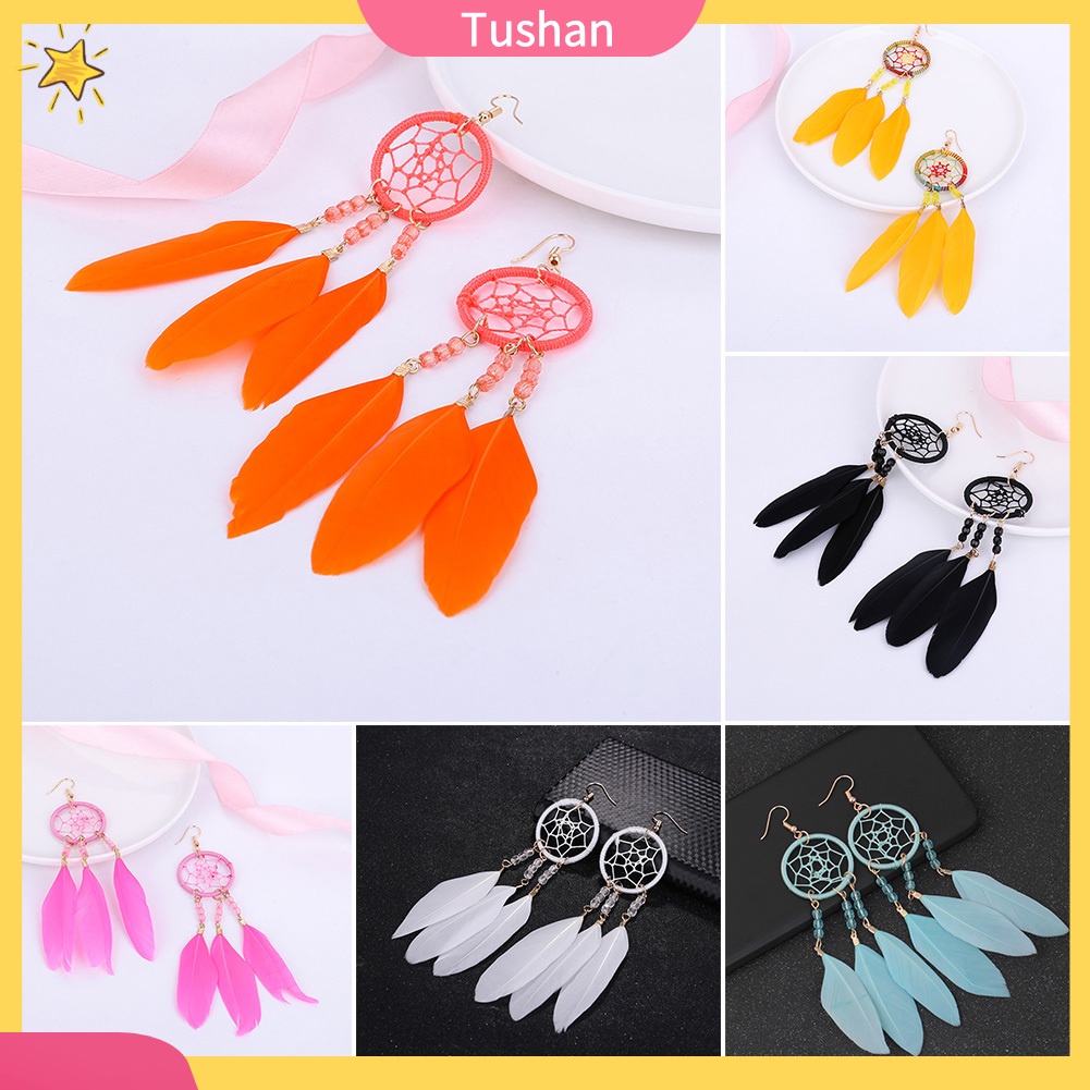 Đôi khuyên tai dài kiểu Dream Catcher gắn lông vũ thời trang cho nữ
