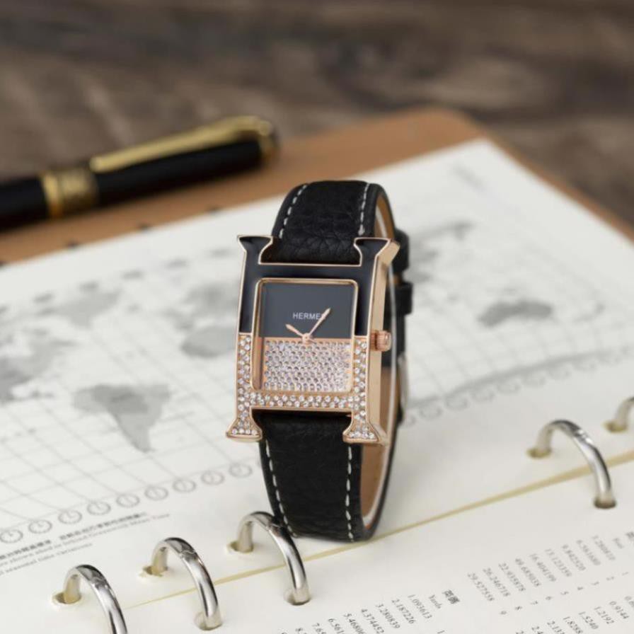 Đồng hồ nữ Hermes dây da mặt vuông đính đá cao cấp full box tặng hộp pishop - DHN02 Shop133 | BigBuy360 - bigbuy360.vn