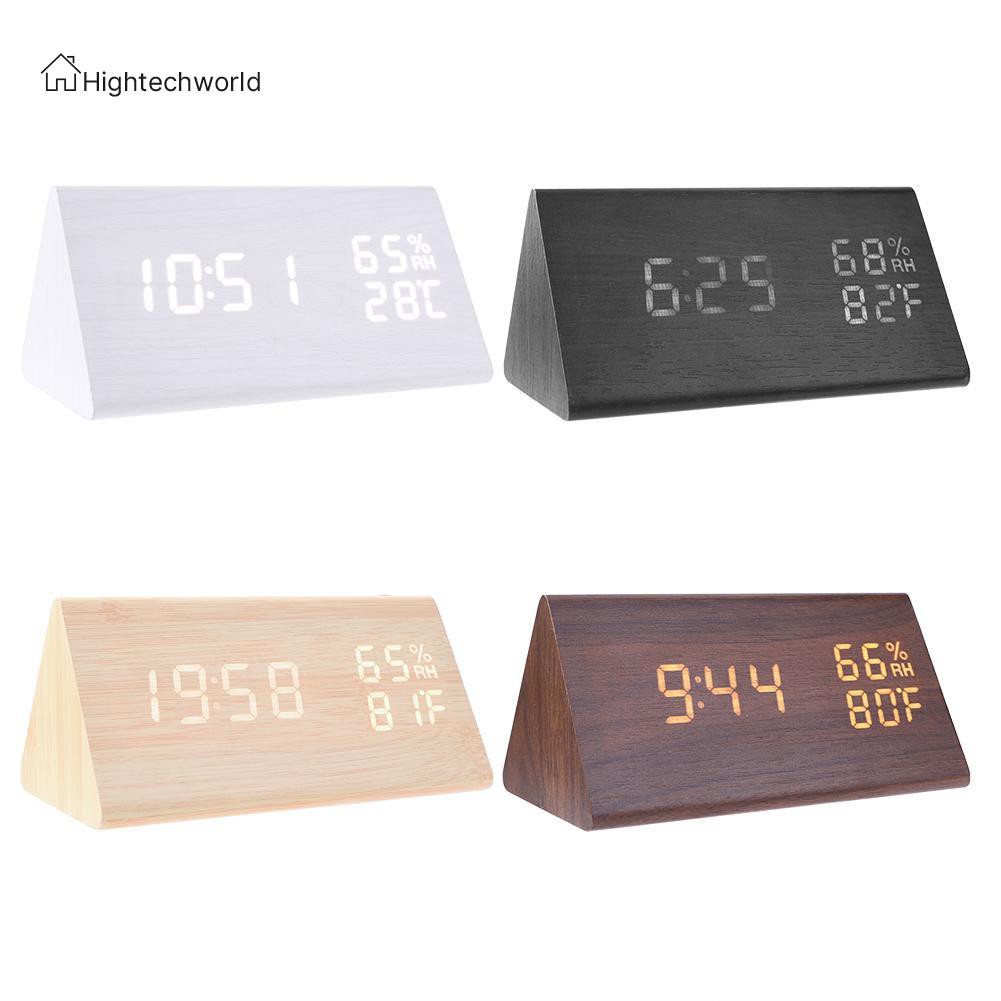 Hightechworld USB Wood LED Sound Control Alarm Clock Thermometer Timer Calendar Display