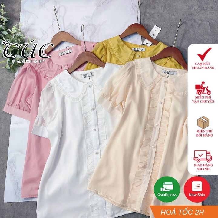 Áo sơ mi nữ CÚC FASHION somi tay ngắn cao cấp vải lụa đẹp kiểu công sở trắng áo crop top 4 cúc cổ bèo A1146