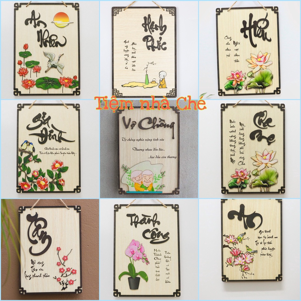 Bảng gỗ treo tường trang trí nhà cửa Thư pháp Cha mẹ, Hiếu, Vợ chồng, An nhiên,Hạnh phúc