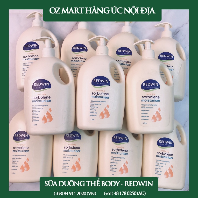 Kem dưỡng thể REDWIN Sensitive Skin Sorbolene Moisturiser 1L Oz Mart Hàng Úc Nội Địa giúp dưỡng ẩm body, da tay