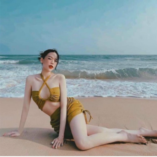 Bikini đồ bơi nữ đi biển 2 mảnh áo váy rút dây kín đáo KONKUN MS72