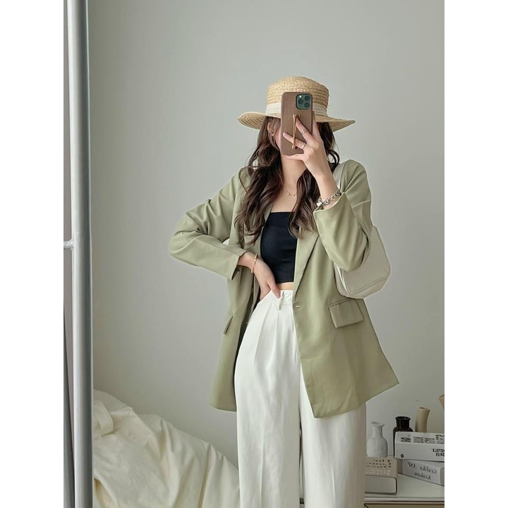 [ẢNH THẬT]Áo blazer màu xanh bơ Tay sang chảnh trơn Khoác Dạ Dáng Dài - dáng suông rộng trượt vạt bầu dáng rộng- áo khoá