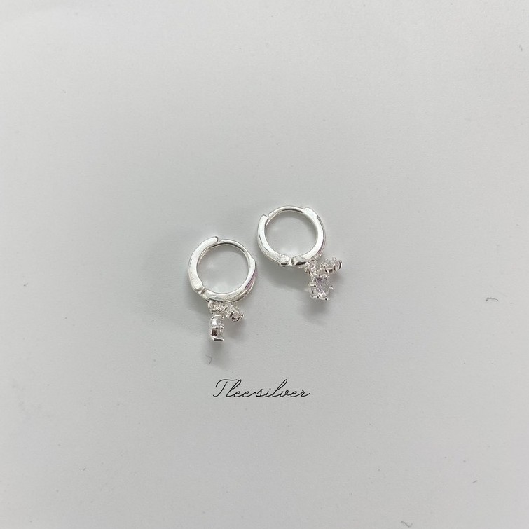 Khuyên tai bạc nữ Tlee, Bông tròn chốt bấm tua hạt đá nhỏ xinh xắn- TleeJewelry