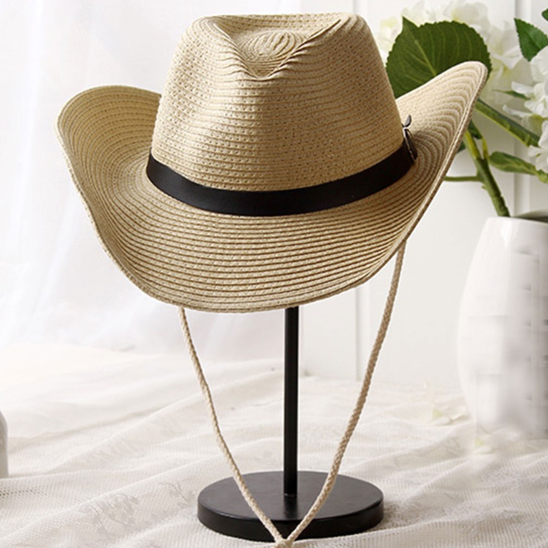 Mũ Rơm Cao Bồi Jazz Dệt Tay Chống Gió Chống Nắng Có Dây Thừng Bảo Vệ