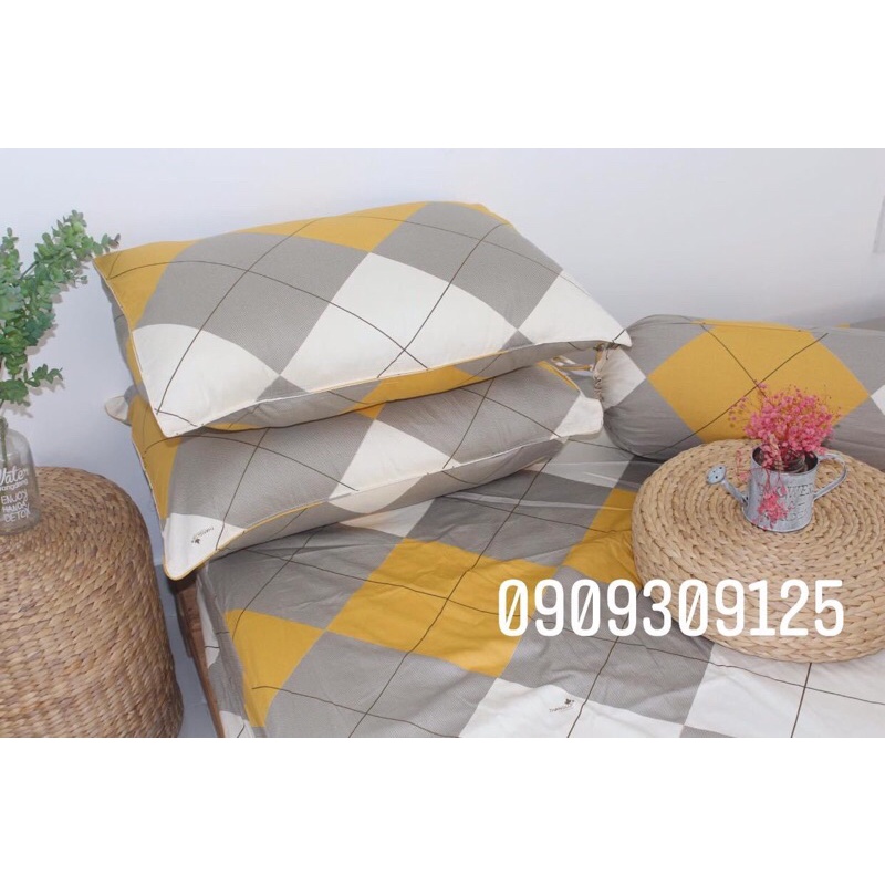 Drap cotton 100% , ga trải giường cao cấp chuẩn LOGO CTY mẫu Ô vuông vàng