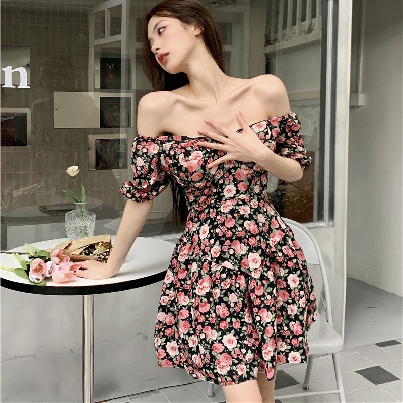 Đầm Hoa Cổ Vuông Ngắn Tay Thời Trang Mùa Hè Dành Cho Nữ