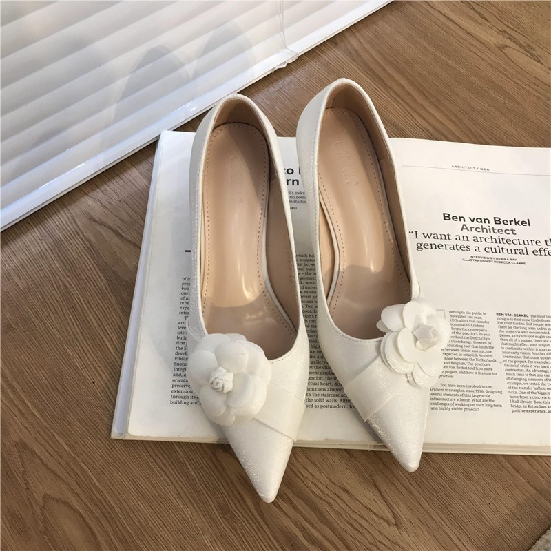 Giày Cao Gót 6cm 8cm Mũi Nhọn Vải satin Màu Trắng Phong Cách Pháp Thanh Lịch