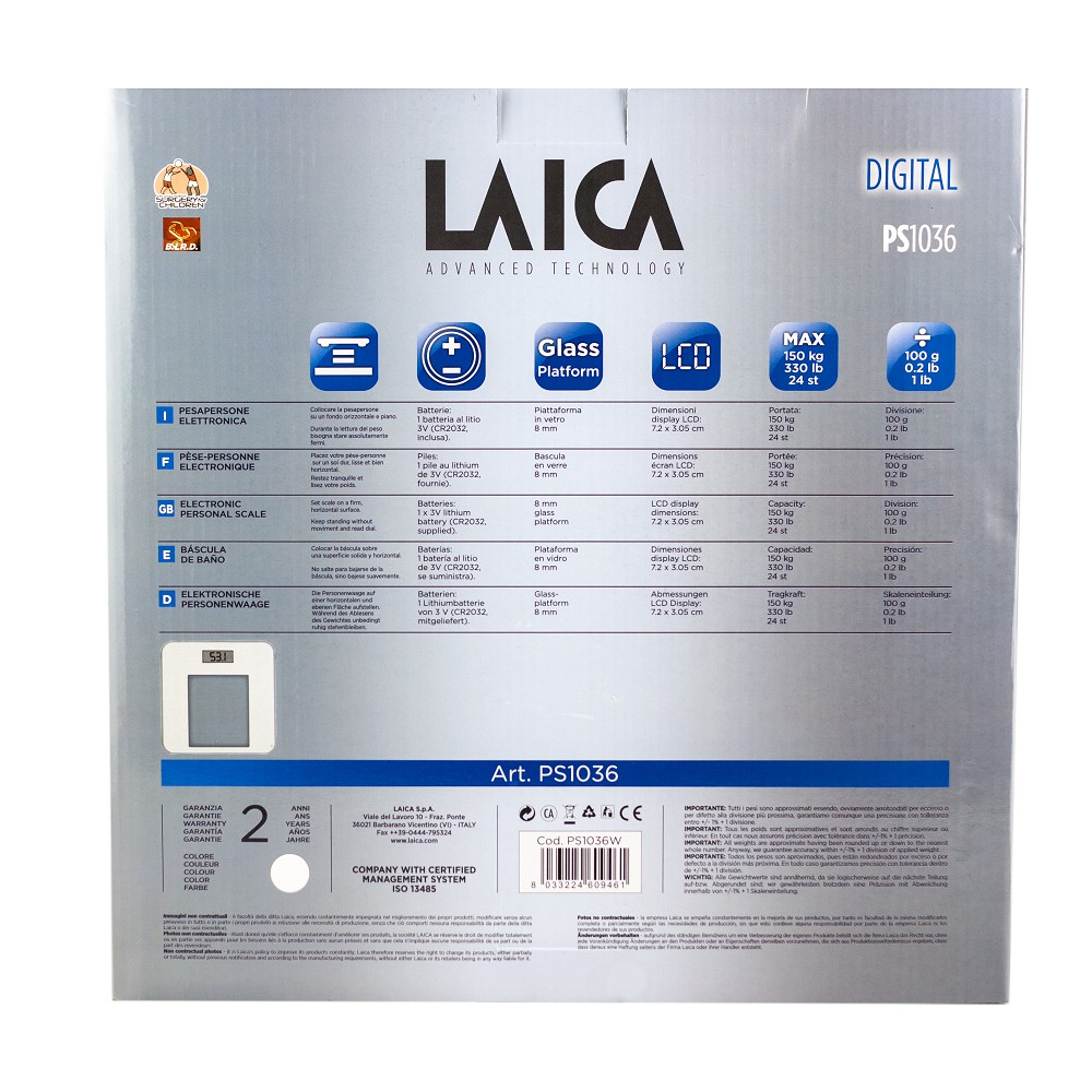 Cân điện tử Laica PS1036 - Cân sức khỏe mặt kính dày 8mm
