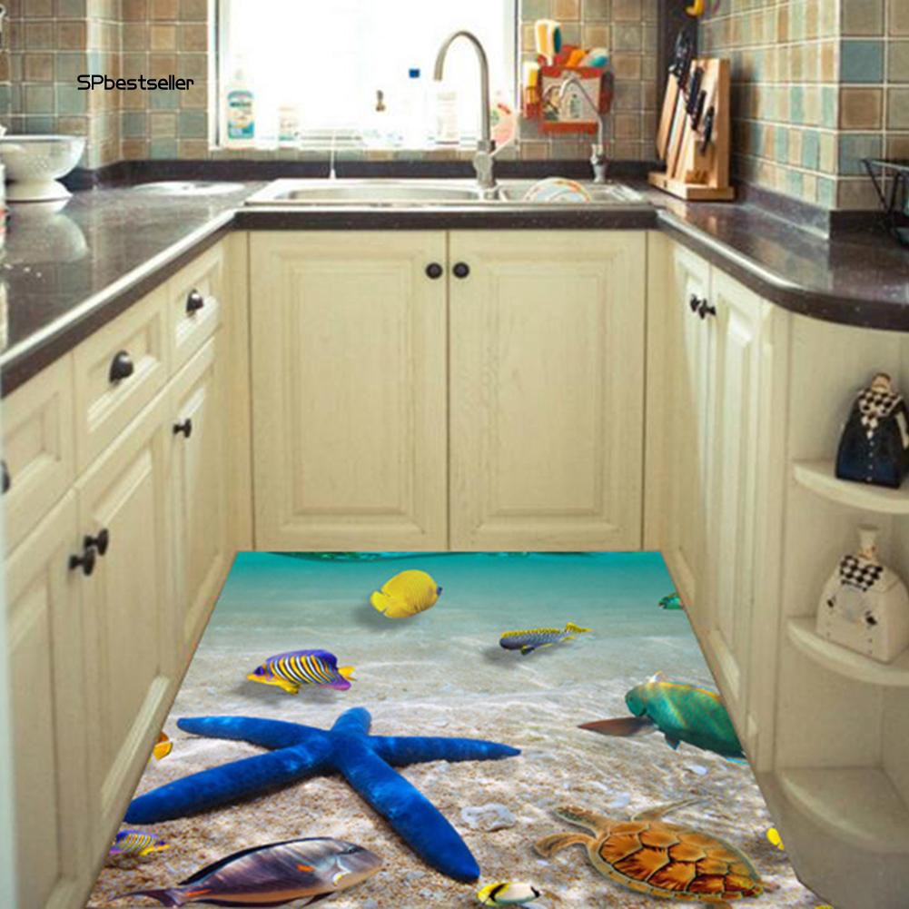 Miếng dán trang trí tường/sàn nhà hình đáy biển 3D có sinh vật biển chất liệu PVC kích thước 60x90cm