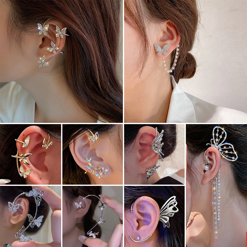 Khuyên Tai Kẹp Vành Tai Dây Xích Tua Rua Hình Bướm Thời Trang Hàn Quốc Bán Sỉ