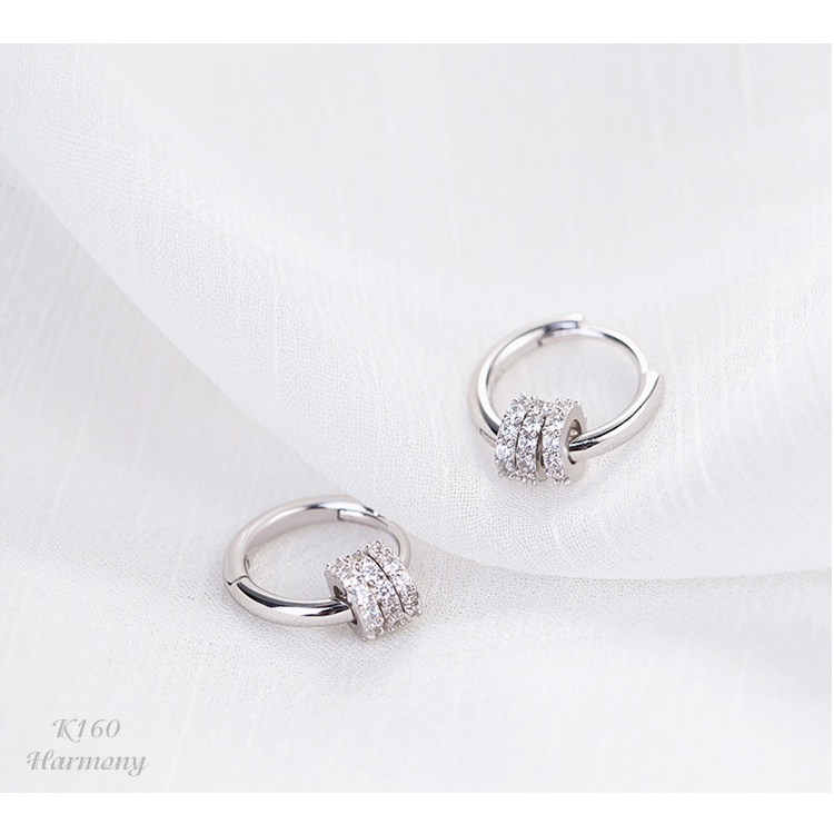 Bông tai, Khuyên tai nữ tròn bạc mạ vàng Three Rings dạng tròn đính đá nữ tính, sang chảnh K160| TRANG SỨC BẠC HARMONY