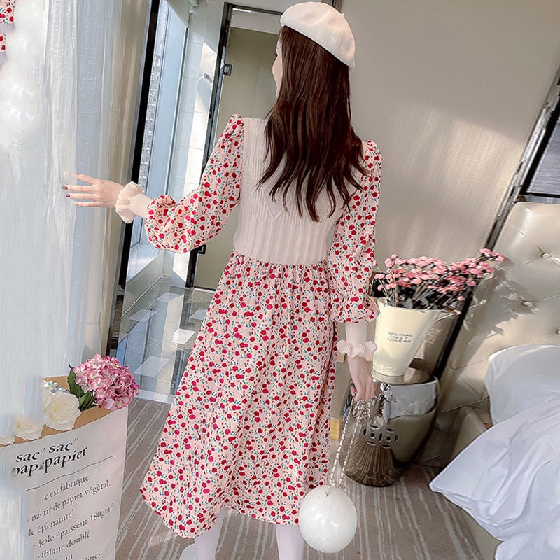 Autumn and winter Korean style stitching long knitted thin skirt fashion floral knitted dress