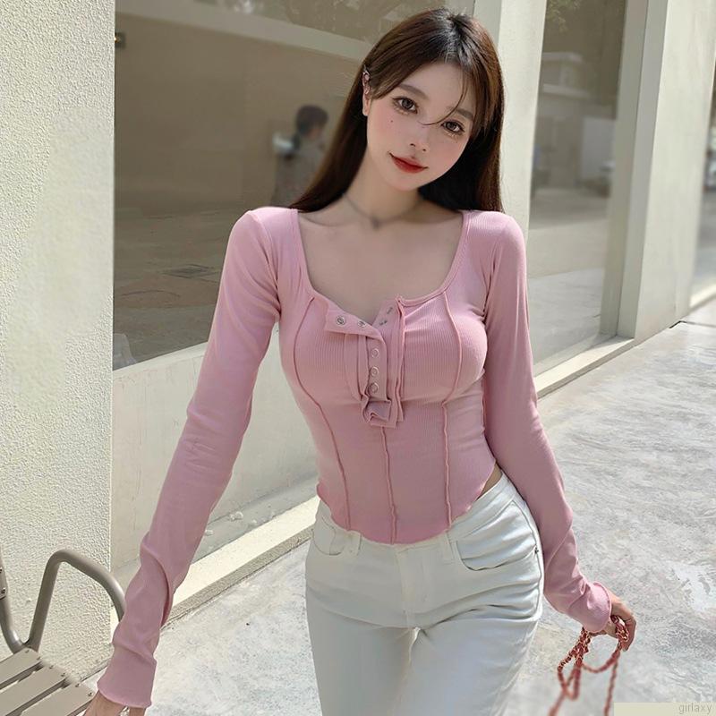 Áo thun tay dài cổ vuông màu sắc đơn giản dành cho nữ