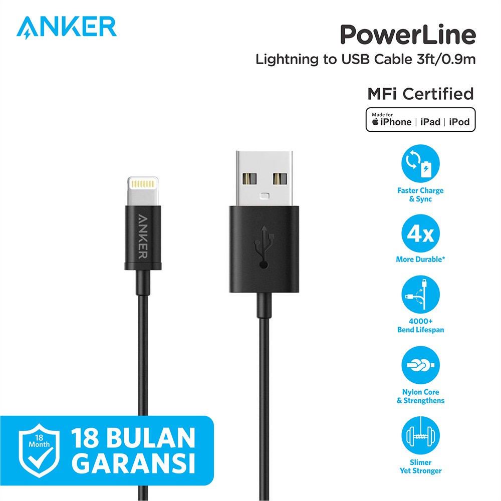 Cáp Sạc Anker Powerline Mfi Lightning 3ft - A7101