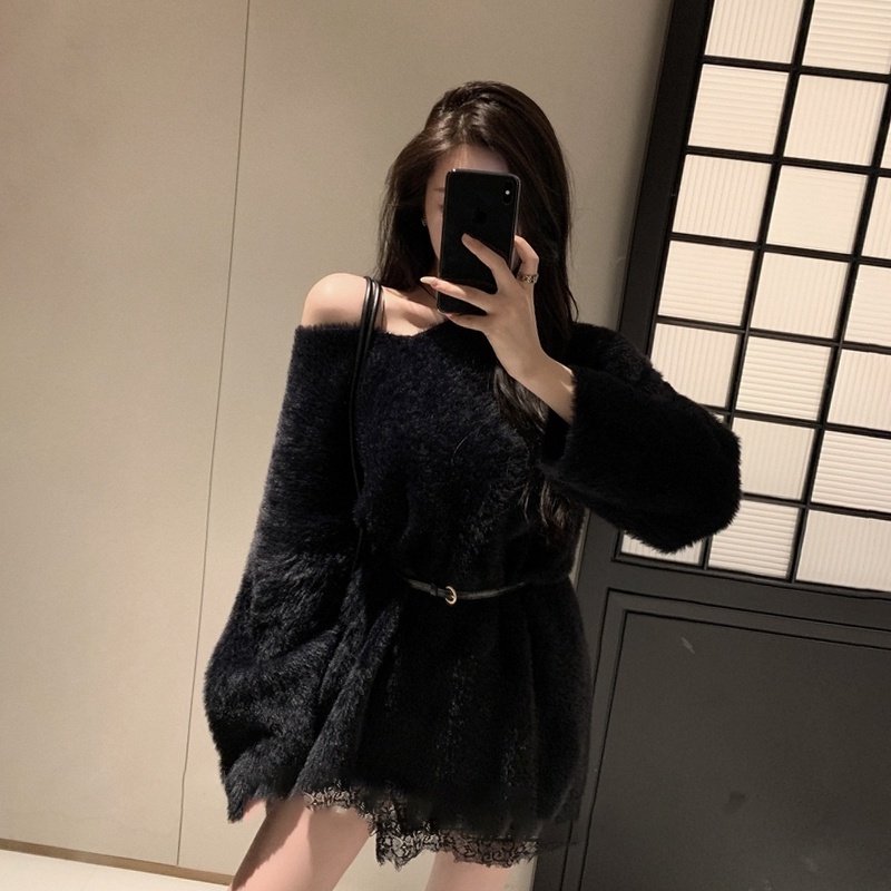 QKOOLE  Áo Dệt Kim Tay Dài Dáng Rộng Cổ Chữ V Màu Trơn Phong Cách Hàn Quốc Cho Nữ